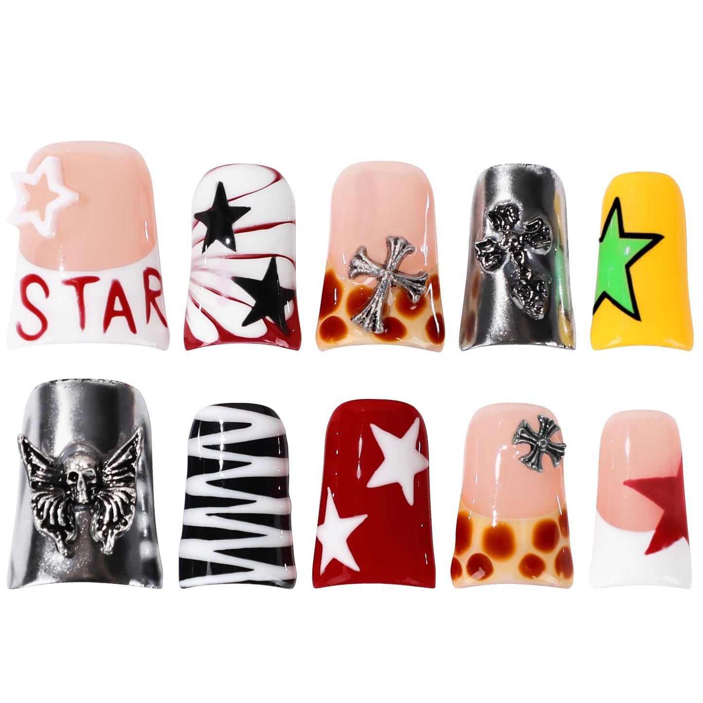 Buleens Handmade Press on Nails Acrylic Duck Nails-10pcs Short Edgy Punk Star Cross 3D Fake Nails Kits with Glue