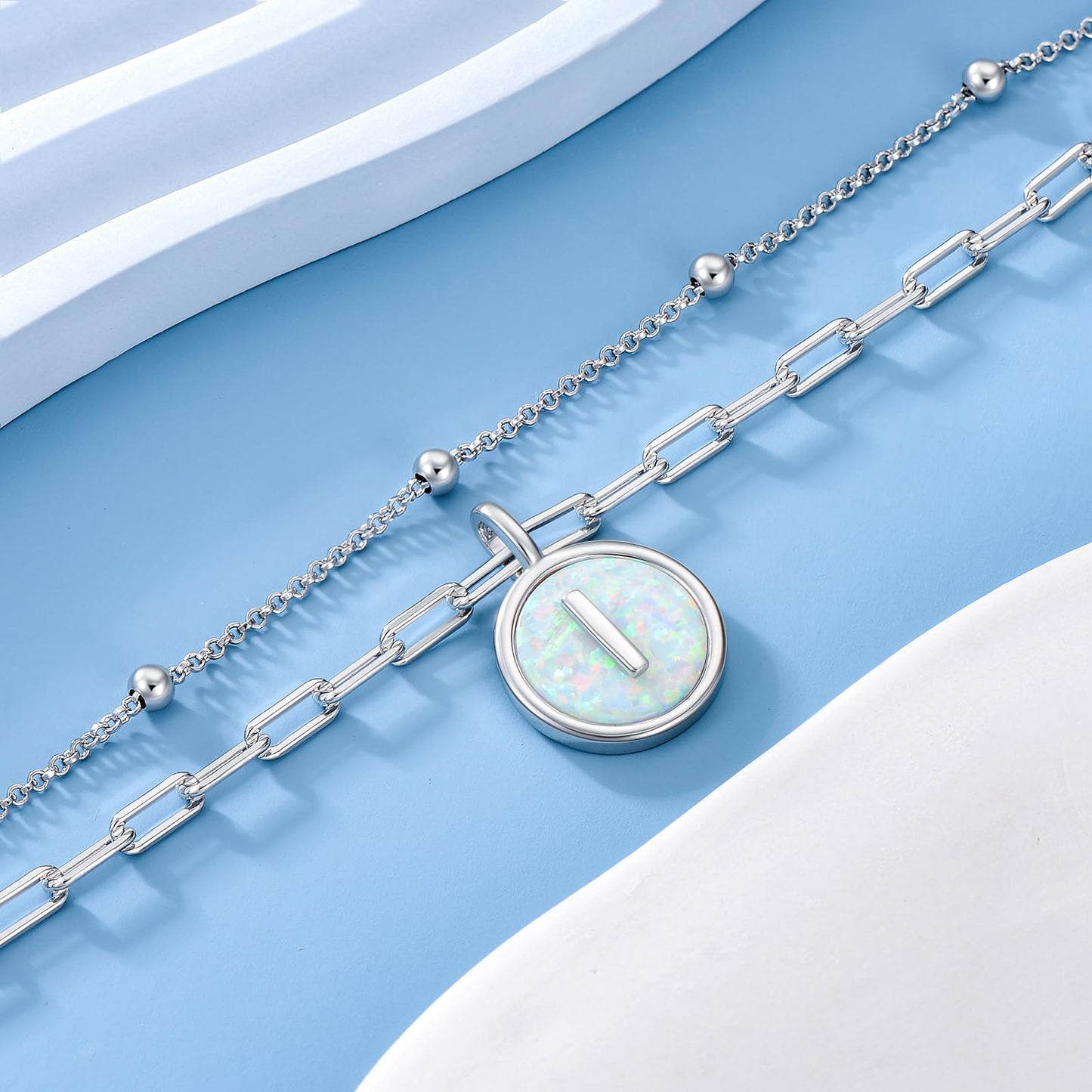 LWQQWL Initial I Bracelet for Women 925 Sterling Silver Layered Initial Bracelet Opal Letter 26 Alphabet Jewelry Christmas Gifts