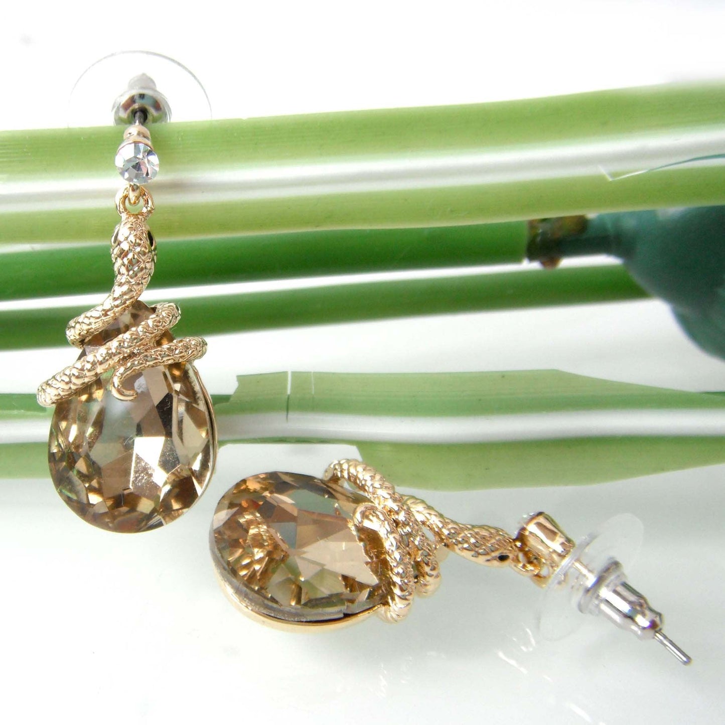 Navachi 18k Gold Plated Crystal Brown Zircon Snake Drop Dangle Earrings