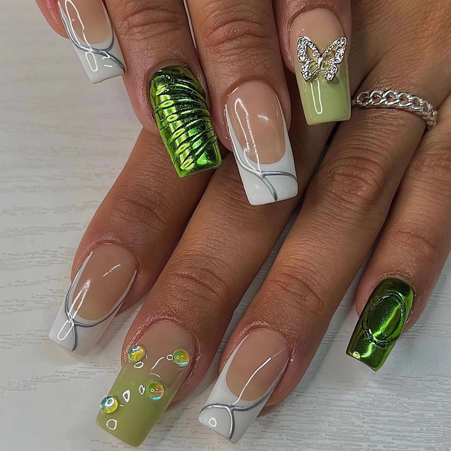 BABALAL Square Press on False Nails Medium Fake Nails Green Glue on Acrylic Nails 3D Butterfly Rhinestone French Tip 24Pcs for Women and Girls