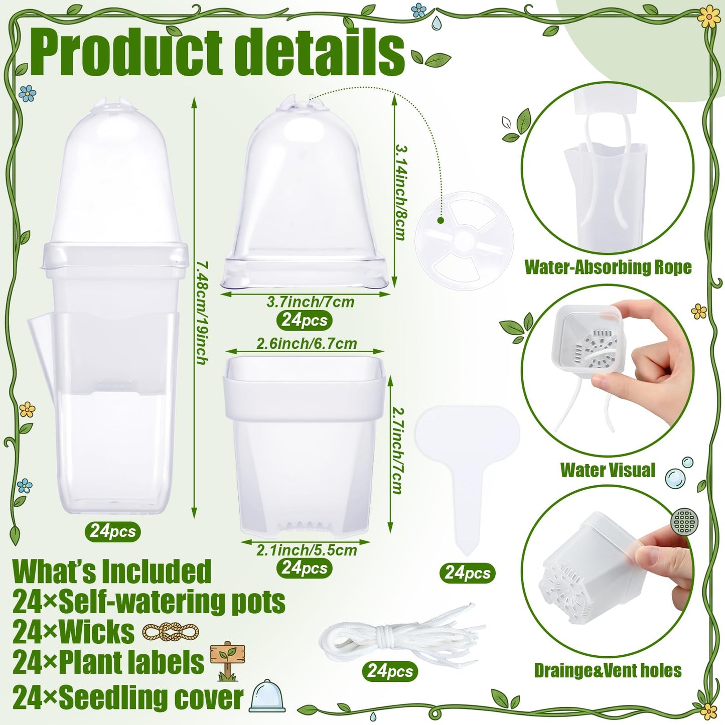 RimCereal 24 Pack 2.5" Small Self Watering Pots with Humidity Dome Clear Plastic Seed Starter Cups with Label Water Level and Drainage Holes for Cutting, Seedling, Propagation, Succulents, and Herbs