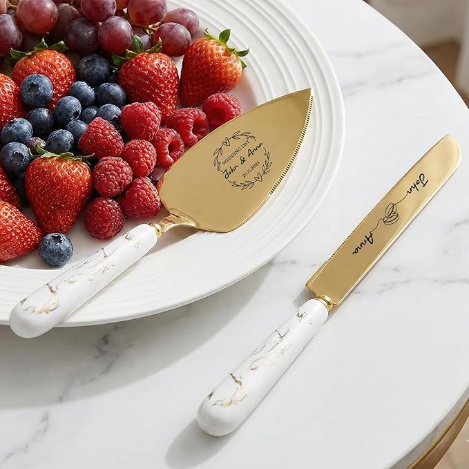 Personalized Gold Wedding Cake Knife and Server Set - Custom Engraved Stainless Steel Cake Pie Pastry Servers Cutter Set with Marble Pattern, Elegant Gift for Wedding Anniversary Birthday Christmas