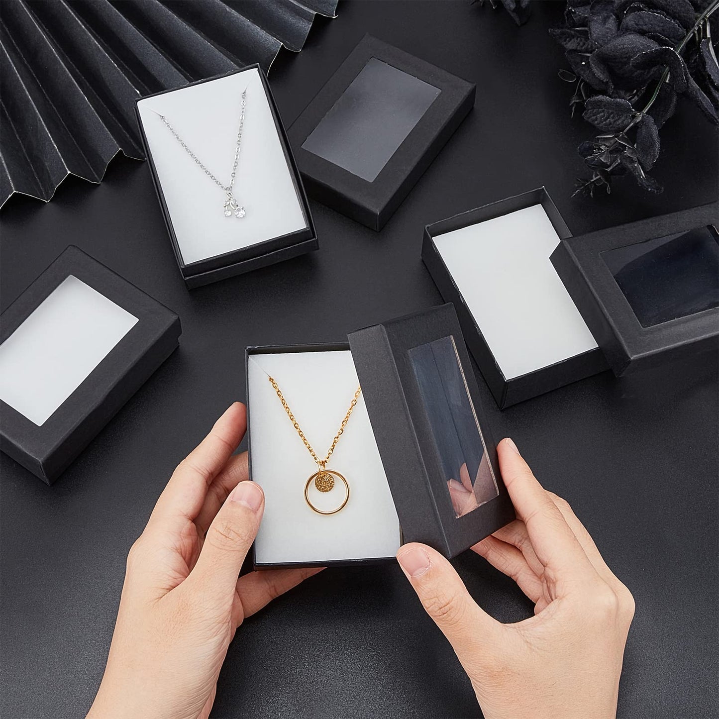 NBEADS 24 PCS Black Gift Boxes with Window Presentation Box with Padding - Birthday Gift Box - Necklace Box Earring Box Ring Box Cardboard Jewelry Boxes 3.54"x2.56"x1.1"
