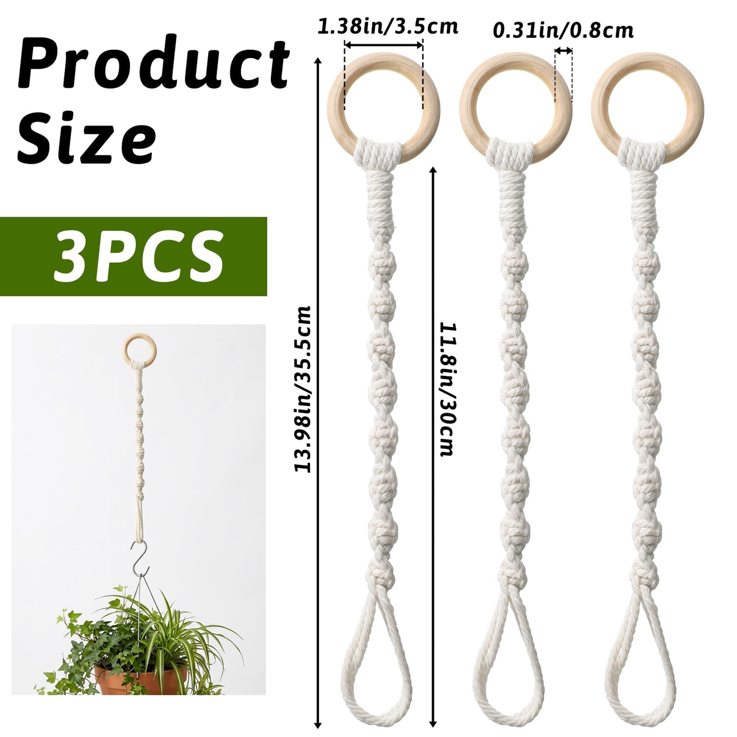 Qulkws 3 Pcs Adjustable Macrame Plant Hanger Extenders with Wooden Ring Handmade Woven Hanging Basket Extension Connectable Rope Hanging Plant Extender for Outdoor Indoor Plants Pot Holder Home Decor