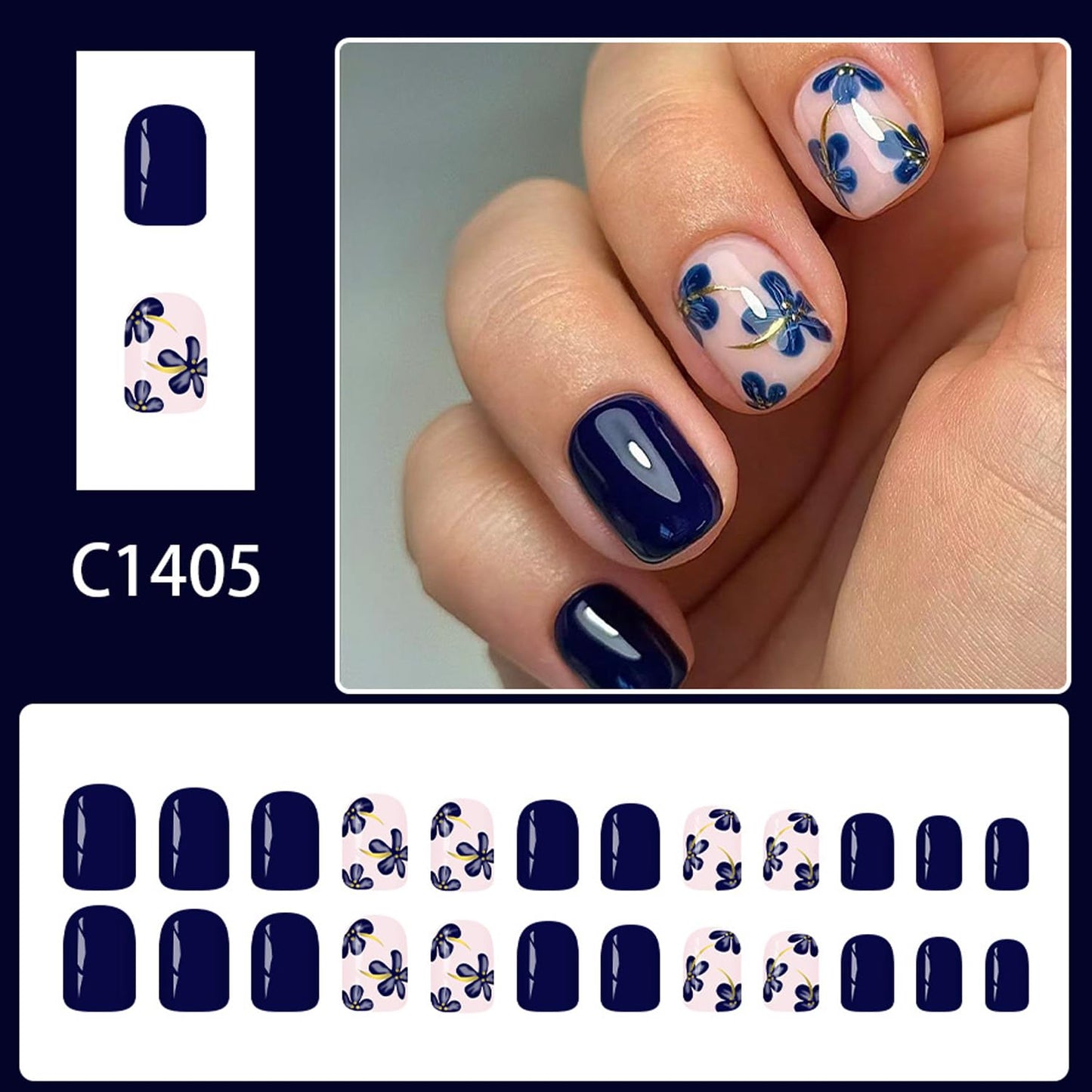 24pcs Square Press On Nails Short Fake Nails Dark Blue False Nails With Flower Design Full Cover Acrylic Reusable Spring Glue On Nail Summer Cute Stick On Nail For Women Manicure