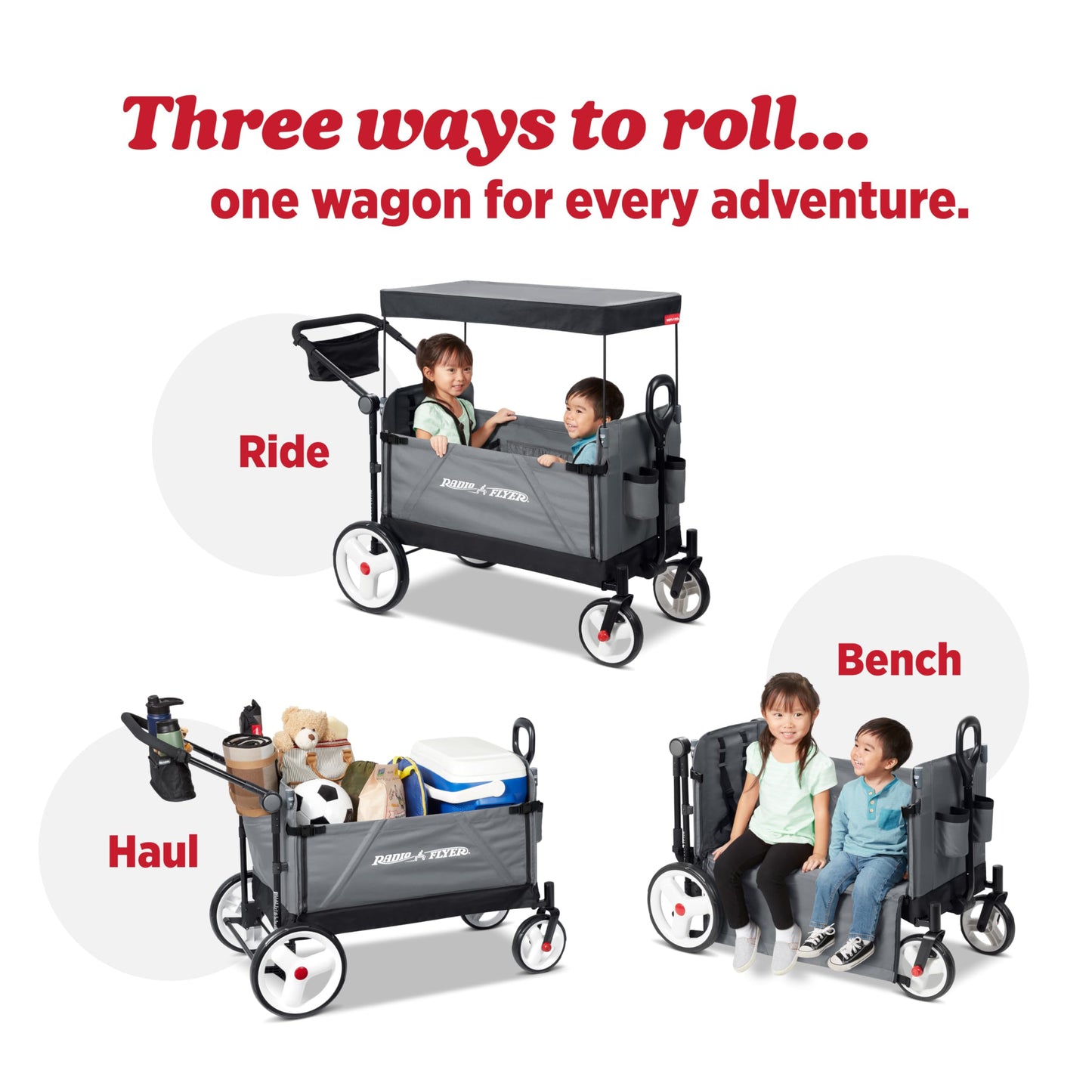 Radio Flyer City Luxe Stroll 'N Wagon, for Ages 1+, 3-in-1 Push or Pull, with Bench Mode, Easy Fold, UV Canopy, 5-Point Harnesses, Front Caster Wheels & 12" Rear Wheels, Stroller Wagon for Kids