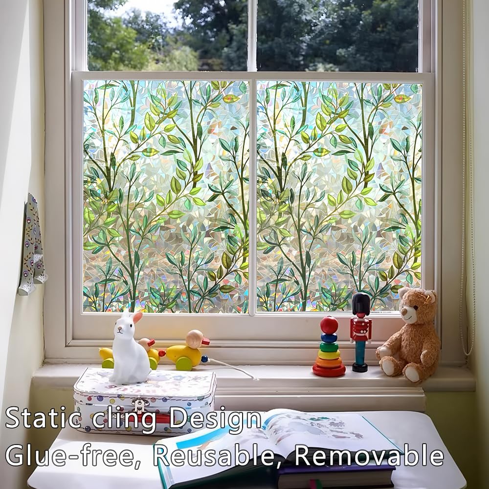 Window Privacy Film Rainbow Window Film – Decorative Static Cling Window Sticker with 3D Stained Glass Effect（35.4 x 78.7 inch） Includes 3 Installation Tools