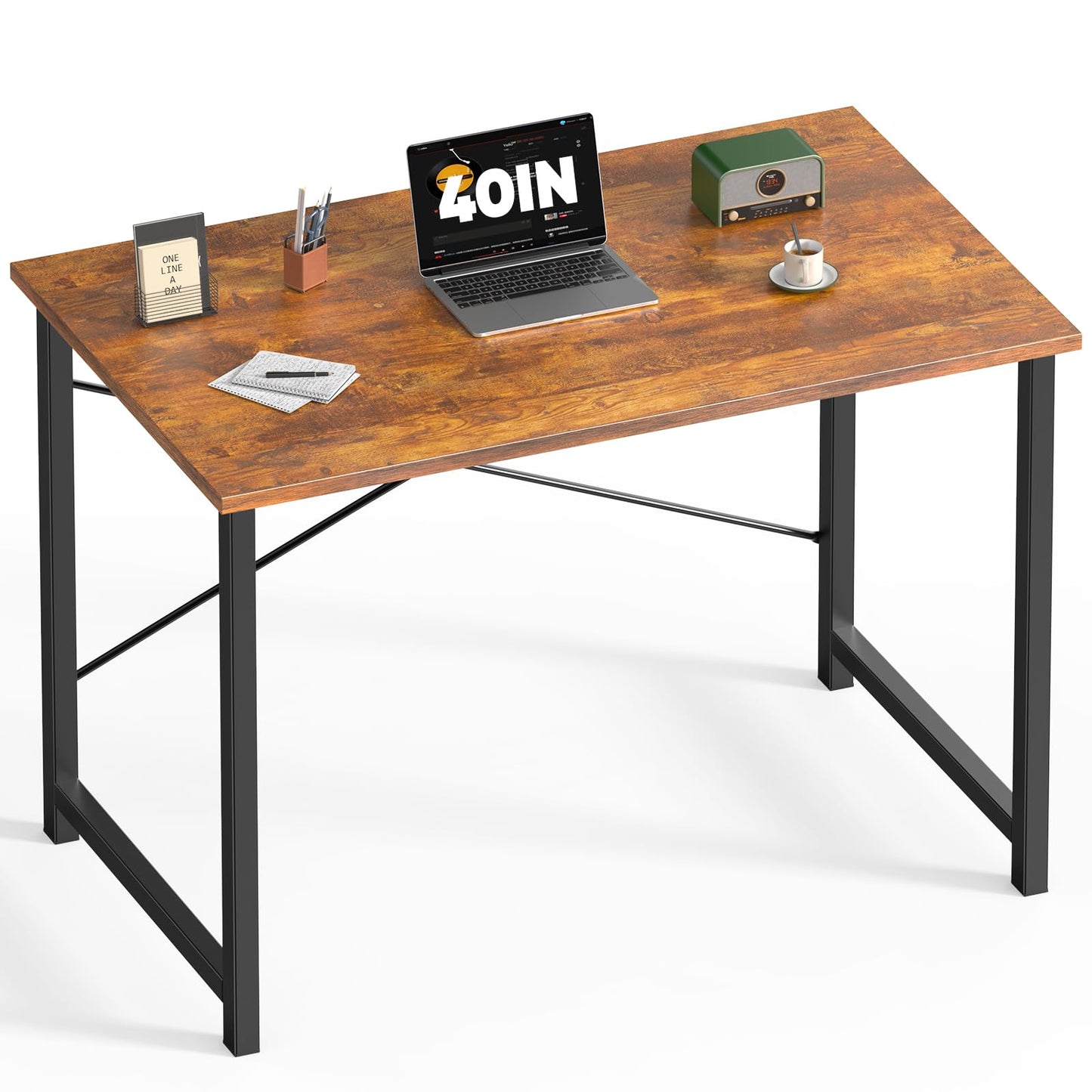 DUMOS 40 Inch Small Computer Desk Writing Gaming Study Work Desks for Bedroom Home Office with Metal Frame Simple Modern PC Table Workstation, Modern Brown