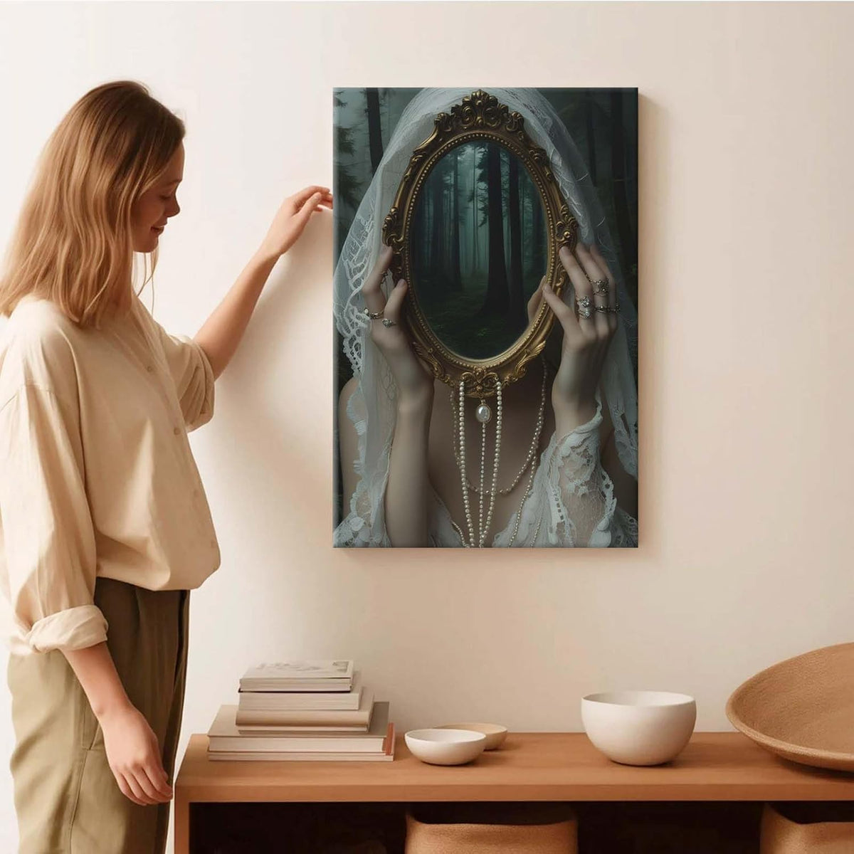 Mirror face covering dark art poster print melancholy gothic painting vintage feminine print victorian style decoration antique art16x24in Frameless