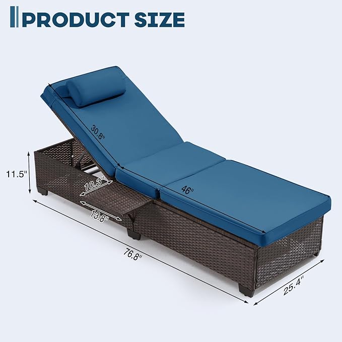 Outdoor Lounge Chairs, Pool Lounge Chairs Set of 2, Outdoor Chaise Lounge with Adjustable Backrest & Cup Holder,Peacock Blue Cushion