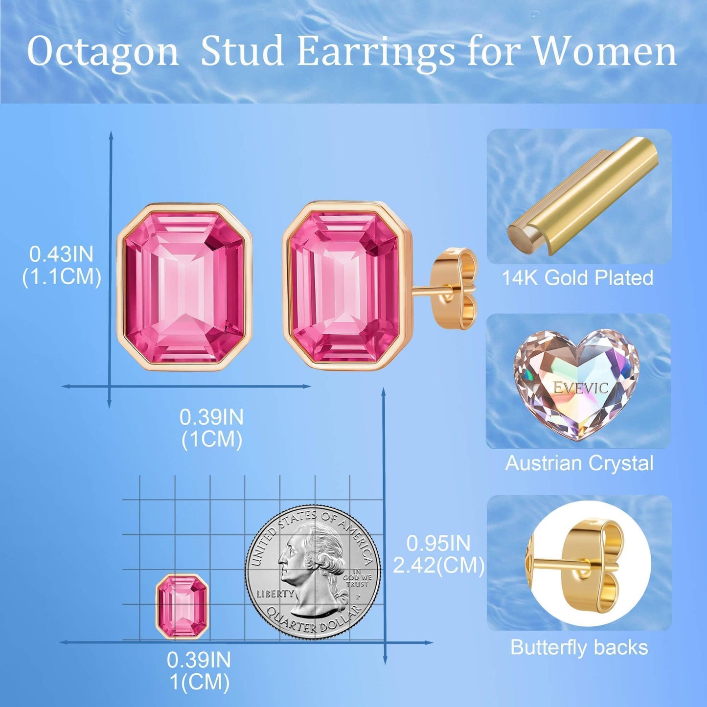 Austrian Crystal Octagon Stud Earrings for Women Fashion 925 Sterling Silver Post Hypoallergenic Jewelry (Pink)