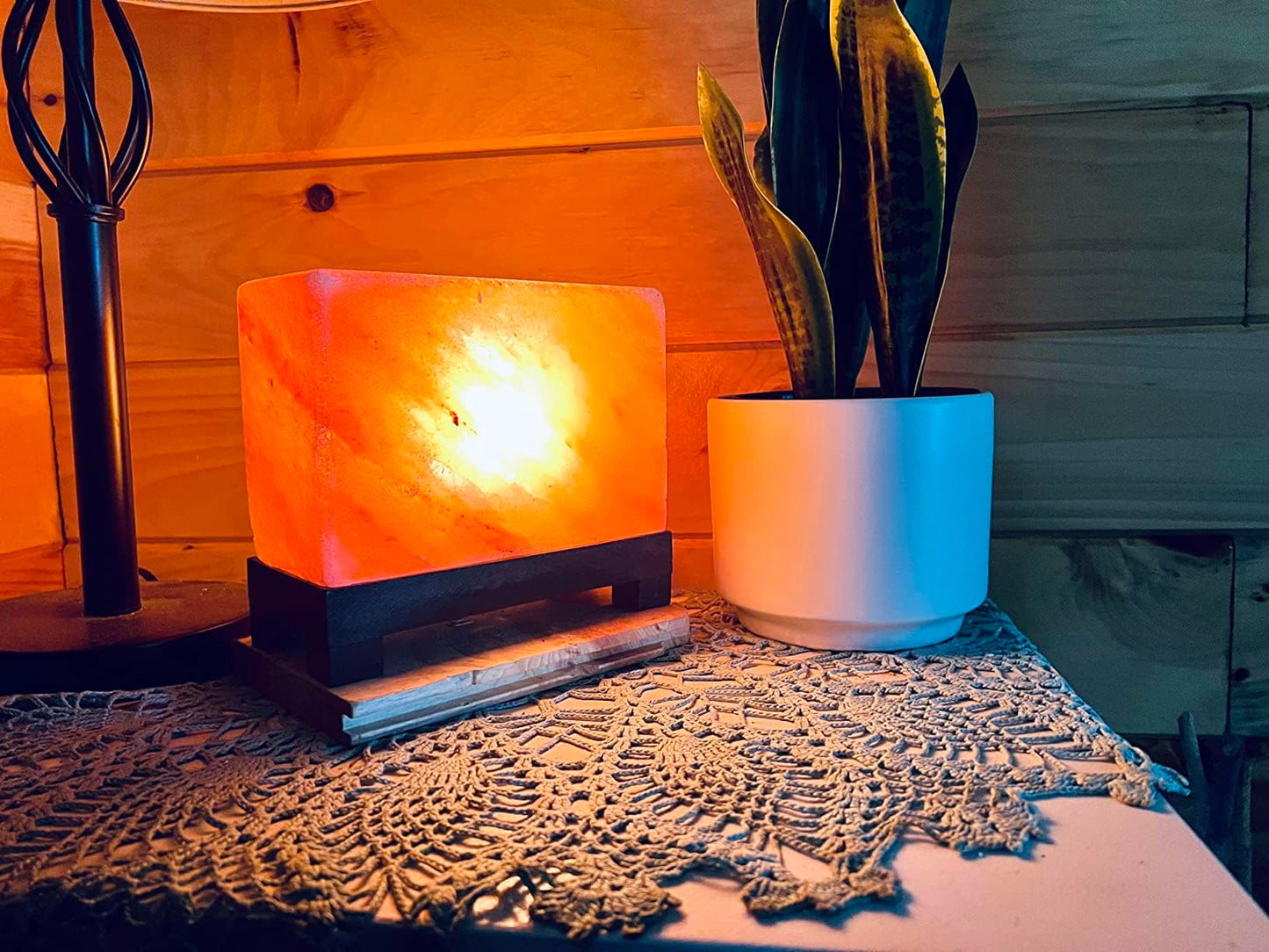 Himalayan Pink Salt Lamp 6.5 x 7.5 x 4 Inches – Natural Rectangular Crystal Rock Salt Lamp with Wooden Base, Dimmer Switch & 2 Bulbs – Soothing Amber Night Light for Home & Office