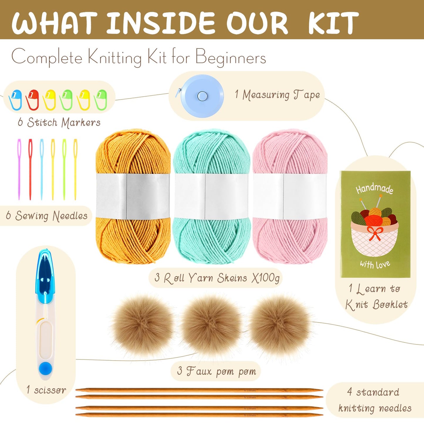 Maasechs Knitting Kit for Beginners Adults Complete Hat Knitting Kits Learn to Knit Kits with Yarn Bamboo Needle Pom Pom Step-by-Step Instruction Knit Accessories for Mother Women Men Gifts(Bright)