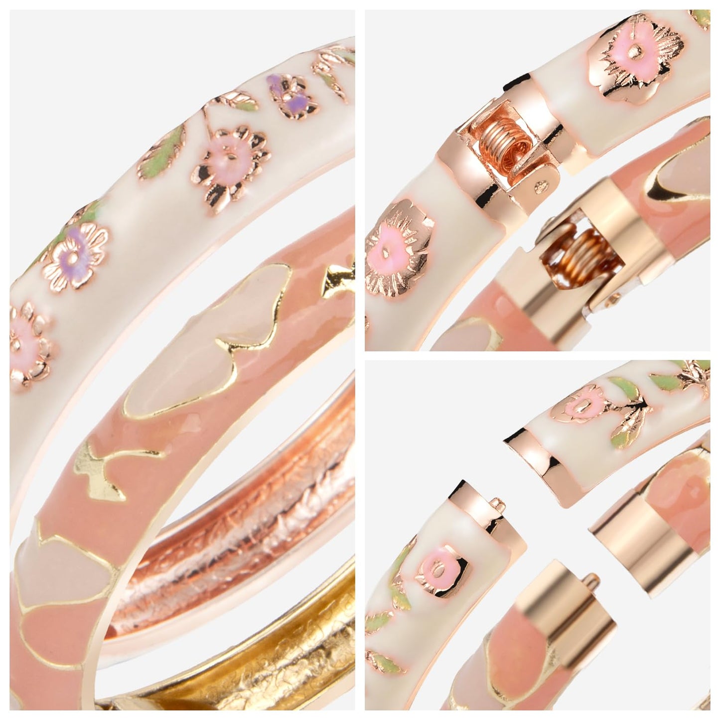UJOY Elegant Bracelet Plated Enameled Jewelry Spring Hinge Metal Cuff Flower Heart Cloisonne Bangles Set Gift Box Packed 55A18-55A45 Cream Pink