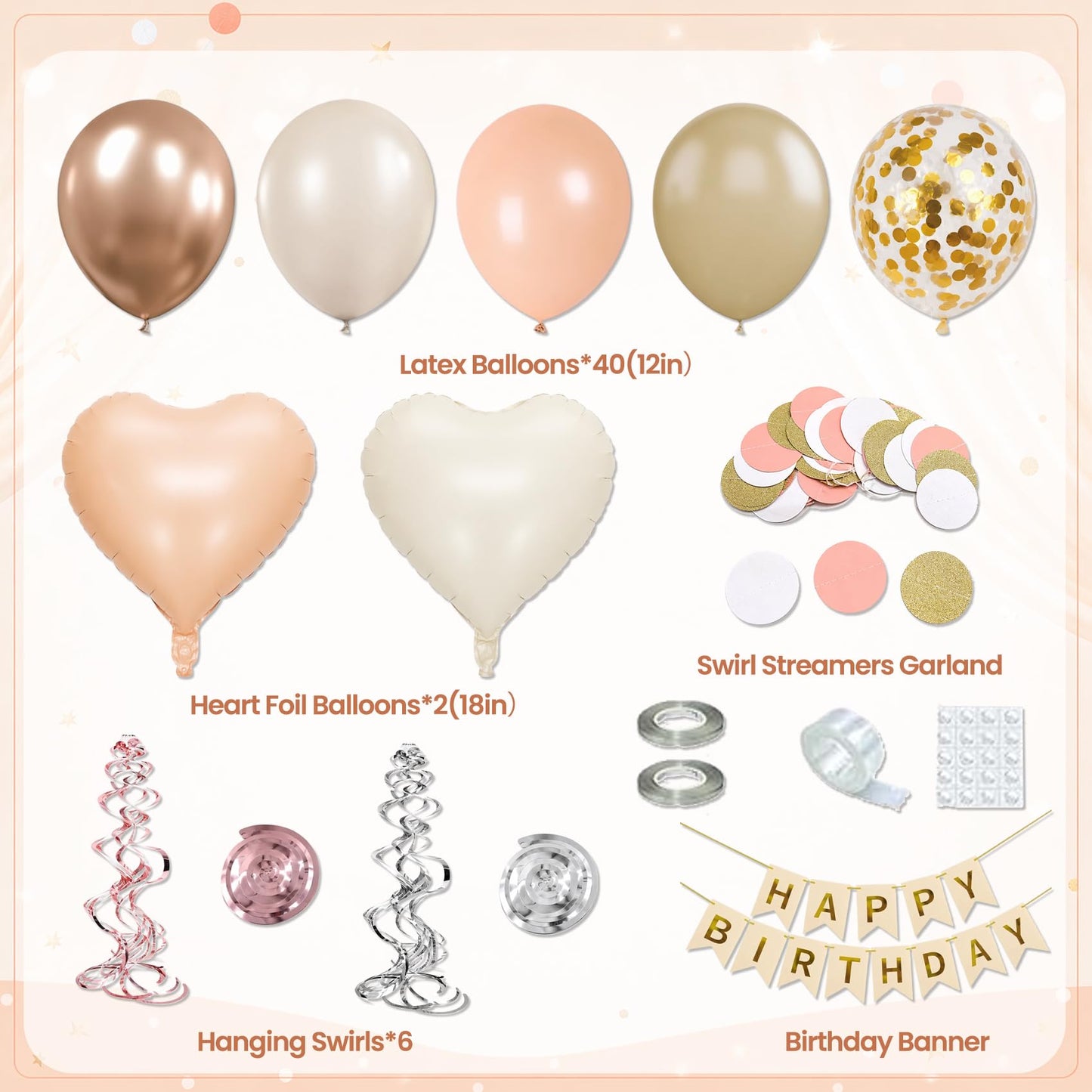 64Pcs Birthday Party Decorations Happy Birthday Banner, Paper Lanterns, Streamers, Tissue Pom Poms, Party Balloons, Rustic Backdrop Decor (Champagne-Gold Beige)