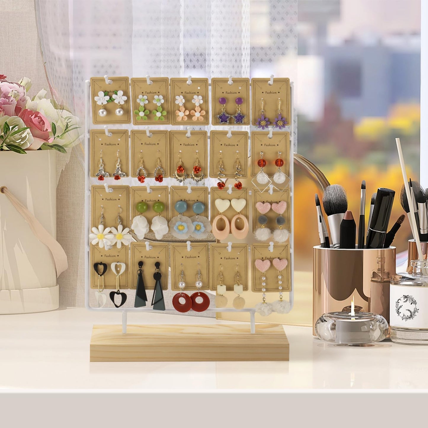 shidaishiye Earring Display Stand for Selling,Earring Display for Vendors, Wood Earring Rack Tower Display Holder Stand with Card (4 Tier,20 Hooks, White)