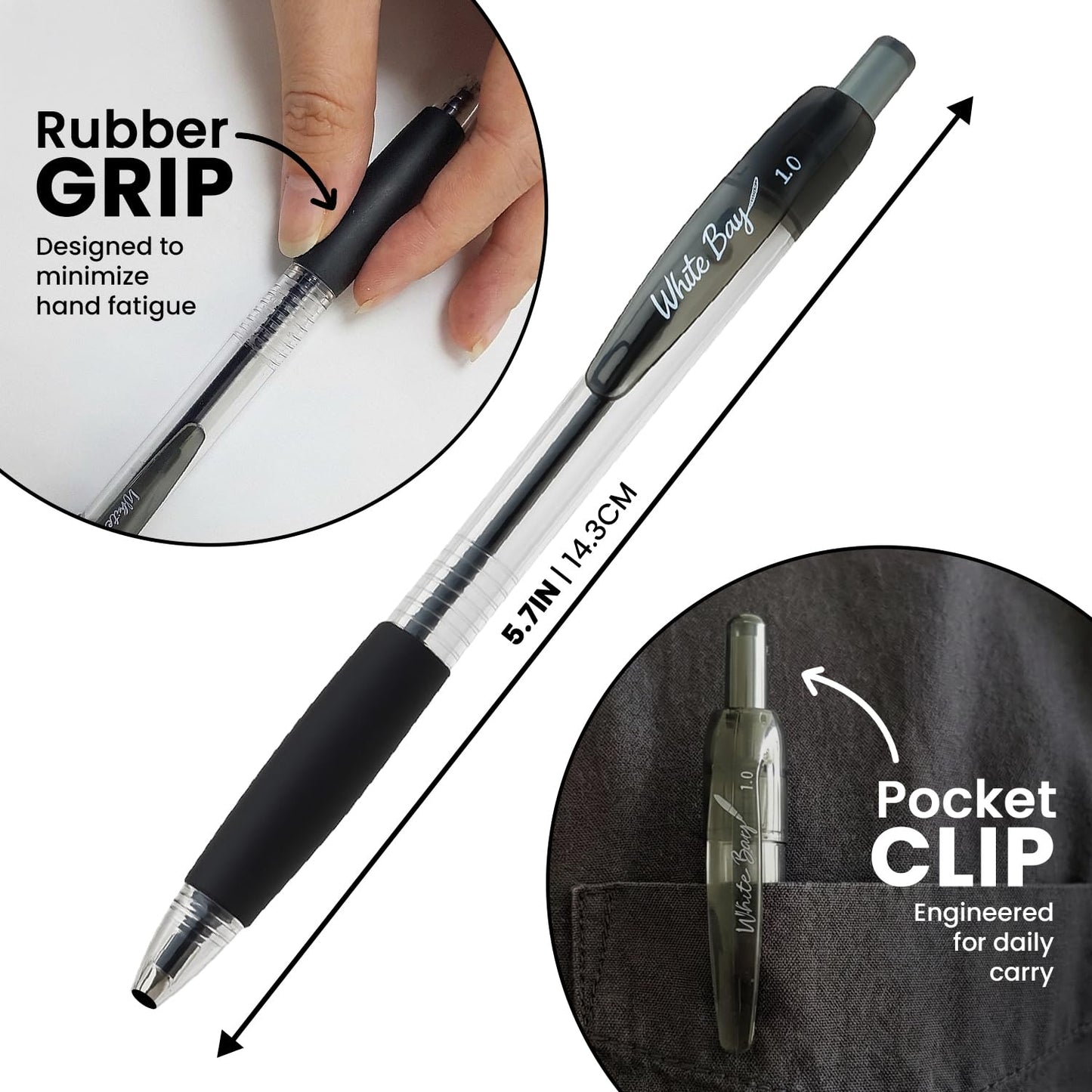 White Bay Retractable Ballpoint Pens Black Ink, Medium Point (1mm), 18-Pack, Refillable, Easy Grip