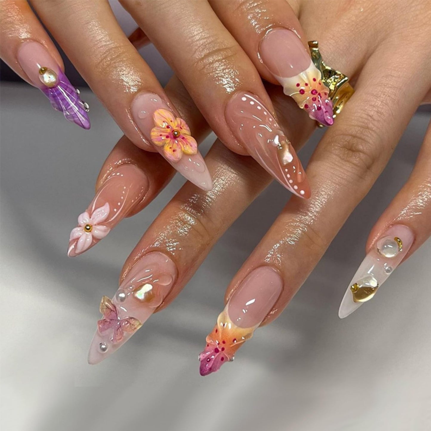 Long Press on Nails Almond Fake Nails Pink Artificial Nail 3D Flowers Rhinestones Handmade Summer Stick on Nail for Women 24pcs