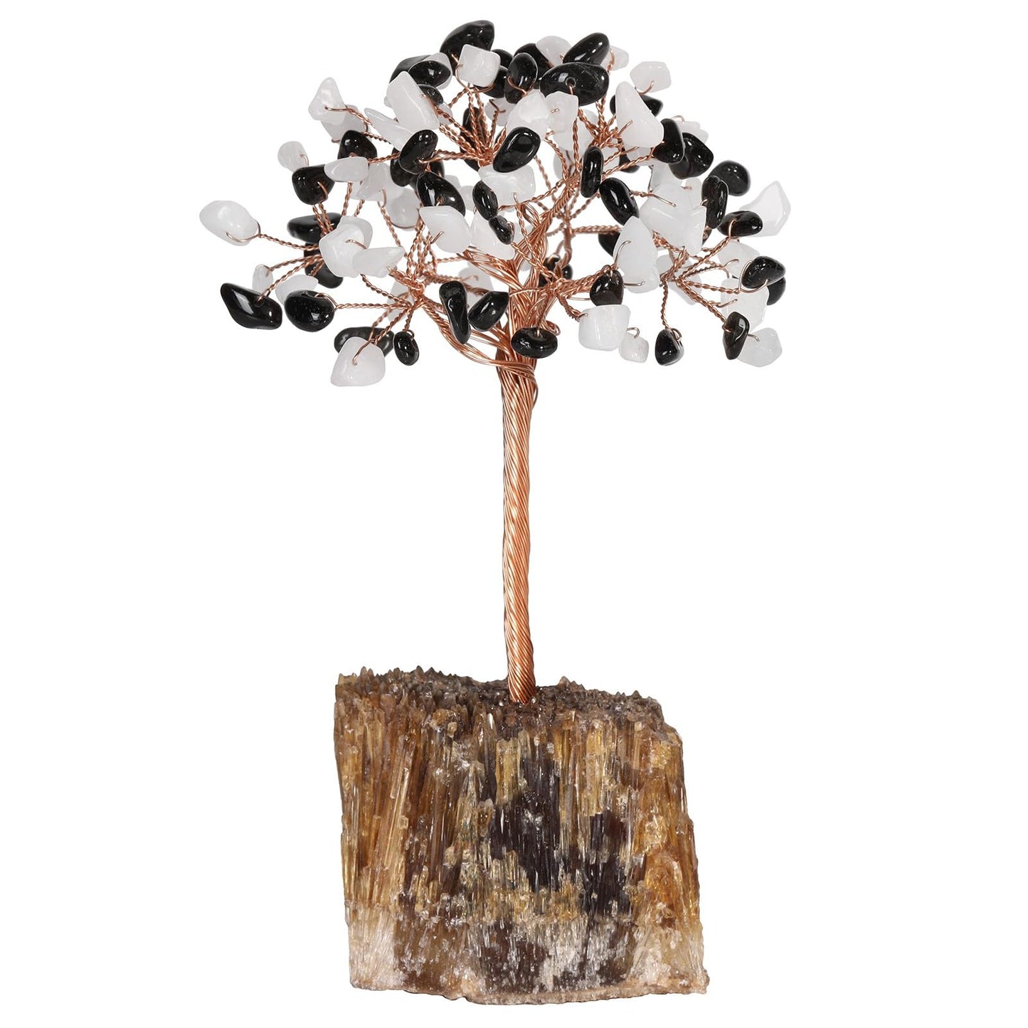 SUNYIK Handmade Crystal Money Tree Set on Amber Calcite Base, Tree of Life Wrapped Tumble Stones Decoration for Home Office, White Jade