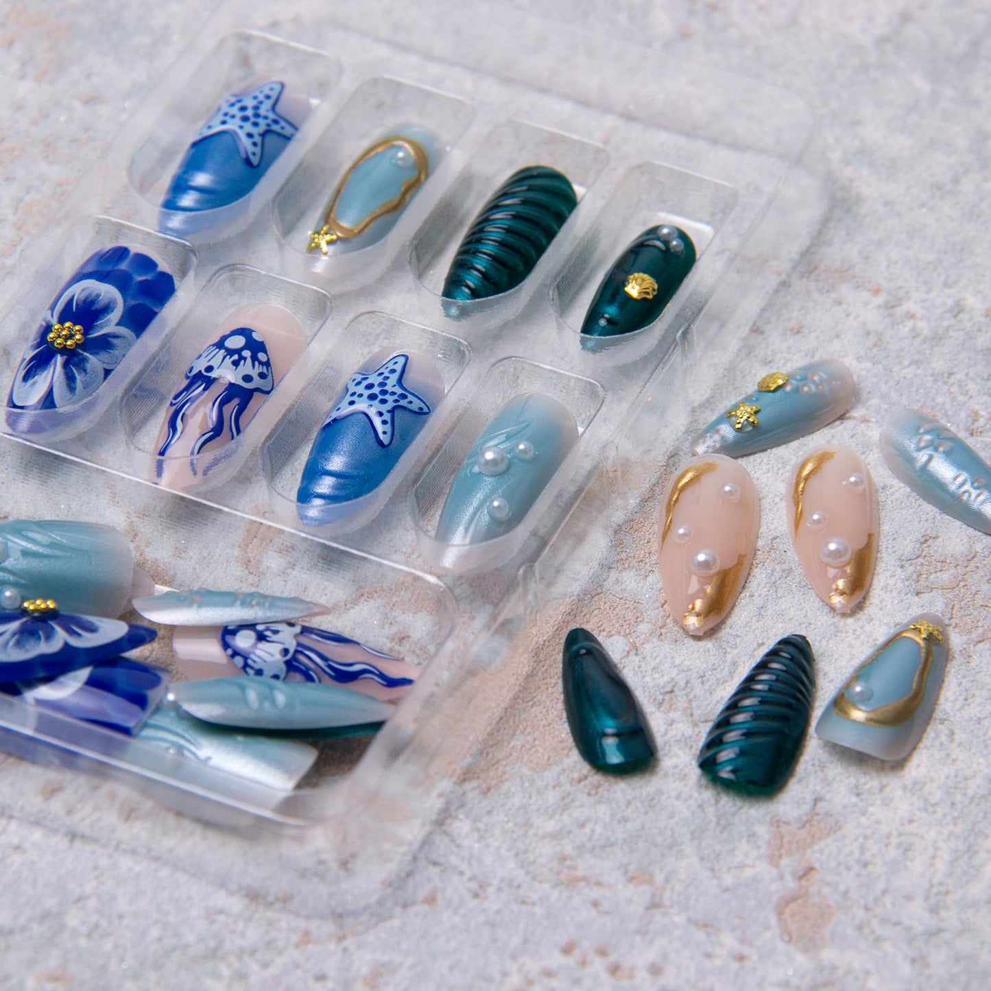 Summer Beach Press on Nails Medium Almond Fake Nails 3D Ocean Waves Acrylic Nails Blue Jellyfish Starfish Artificial Nails Gold Star False Nails with Pearl Designs Glue on Nails for Women Girls 24Pcs
