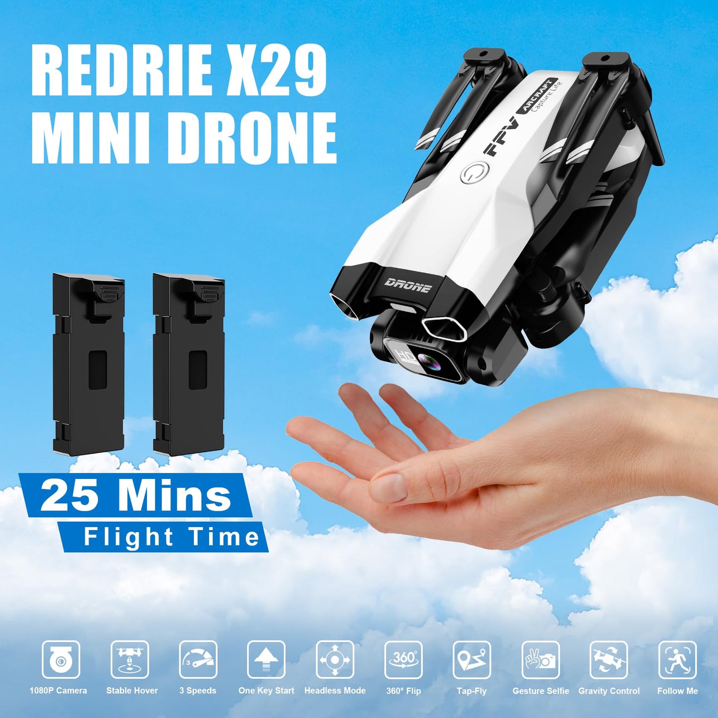 1080P Mini Drone with Camera, Drone for Beginners with Light, WiFi Transmission, One Key Start, Gestures Selfie, Waypoint Fly, 3D Flip, Headless Mode and App Control