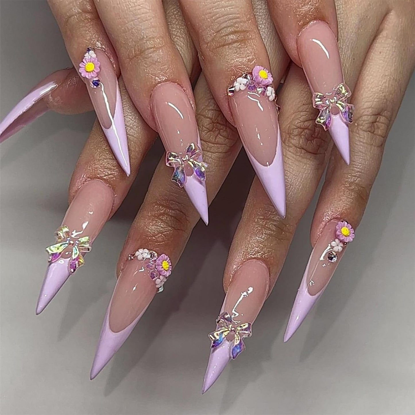 IMRAIN Long Press on Nails Stiletto Purple French Fake Nails Tips Full Cover Spring Glossy Artificial Nails Press ons Bow & Flower Stick on False Nails for Women 24Pcs