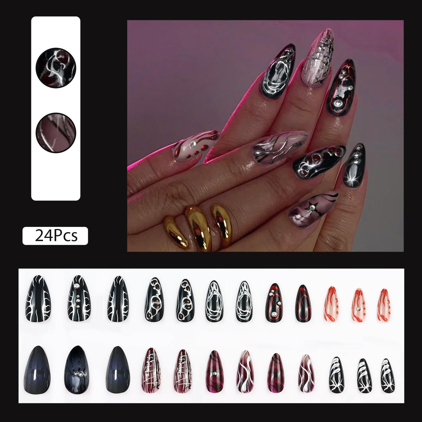 VOTACOS Goth Red Black Press on Nails Almond Medium Acrylic Fake Nails Press Ons with Glue 24Pcs Silver Lines Beads Y2K Stick on Nail with Designs 3D Star Artificial Glue on False Nail for Women
