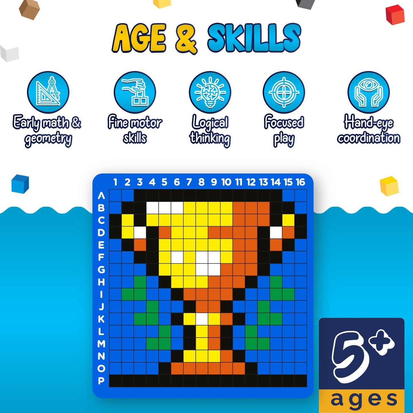 WIZZLY PIXMIX Pixel Building Art Kit for Kids Ages 5+ – STEM Toy for Boys & Girls, Creative Learning & Sensory Activity – 16x16 Board, 1000 Pieces, 200+ Multi-Level Challenges
