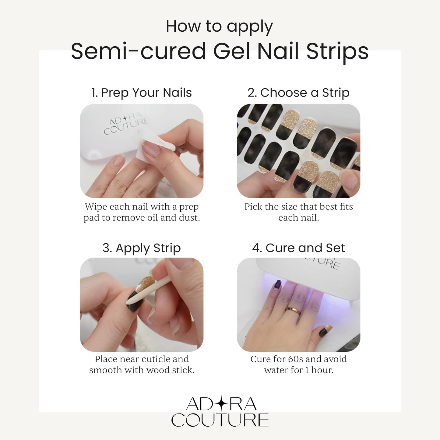 Adora Couture Semi-Cured Gel Nail Strips - 20 Salon-Quality Gel Sticker with UV Light Required, Long Lasting, Easy Application & Removal, Includes Prep Pad, Nail File, Wooden Stick – Blush and Bloom
