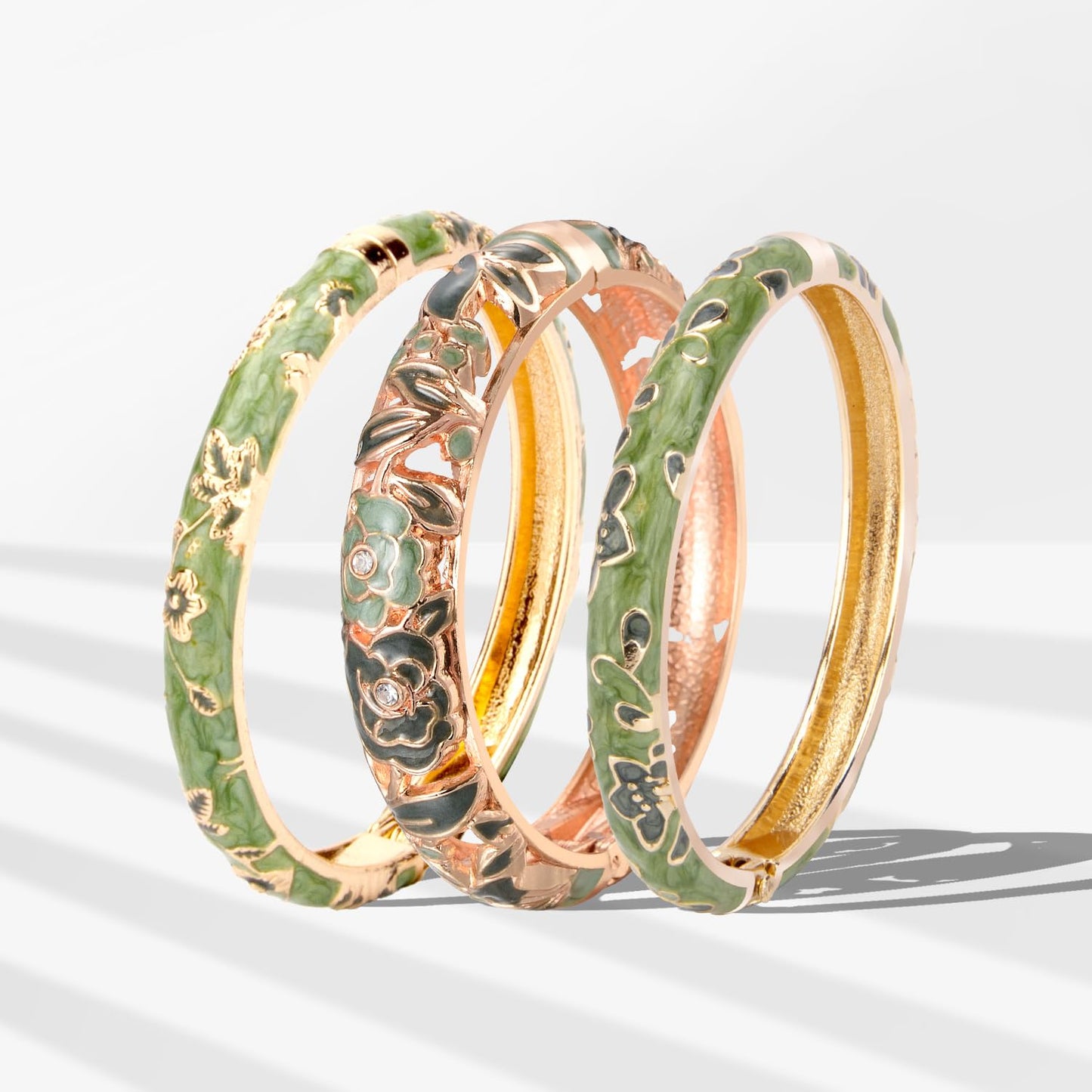 UJOY Women Cloisonne Bracelet Multi-Colors Plated Rhinestone Flower Hollowed Enameled Hinged Cuff Bangles Jewelry Gift 88A10 3pcs Green