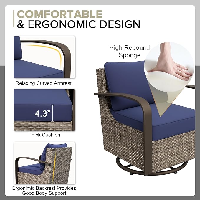 COOS BAY Aurora Terrace Half-Moon Outdoor Furniture Set, Rattan Conversation Set with Swivel Rockers, Curved 4-Seat Sofa, Coffee Table, Seats 6, Beige/Blue