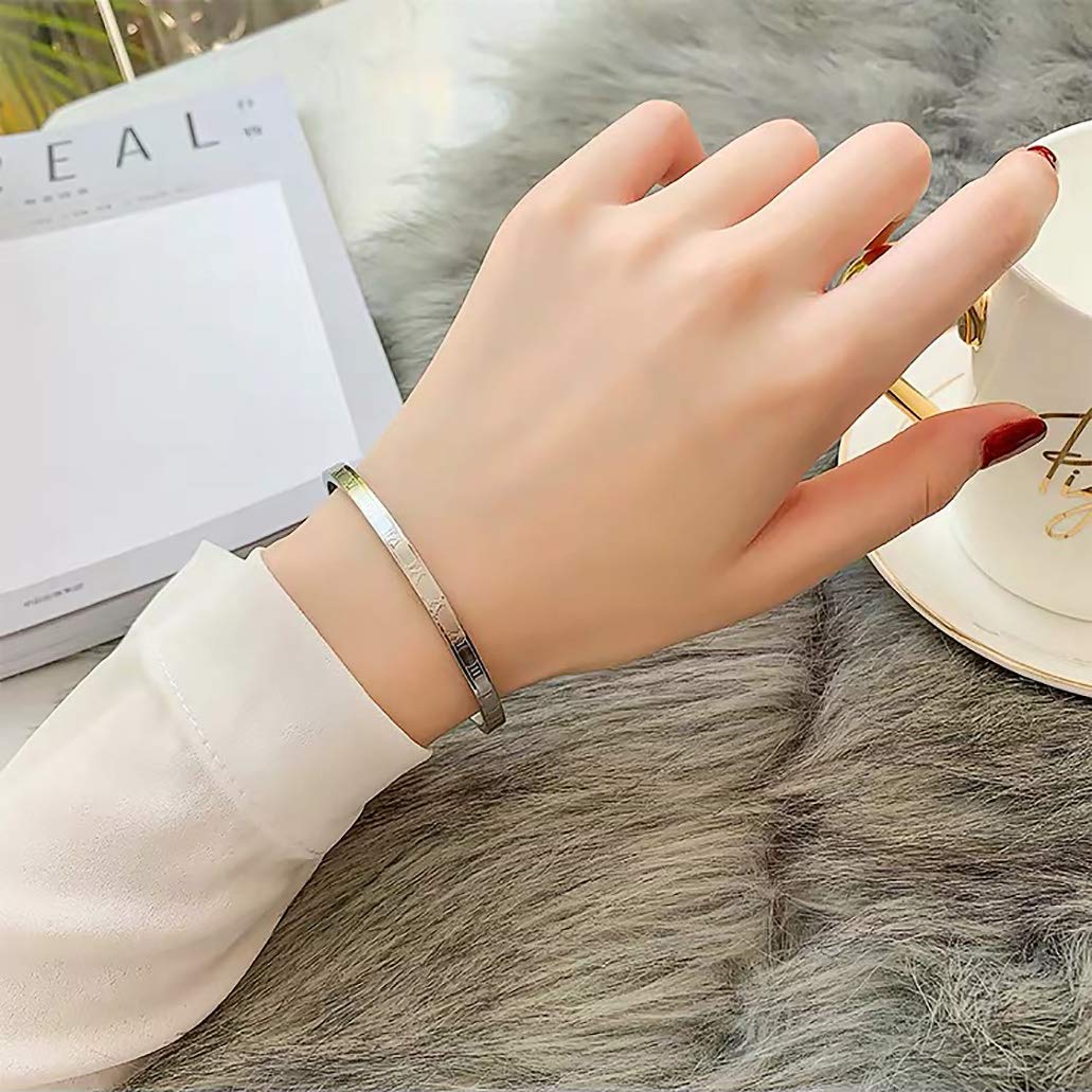 Jarlinwel Gold Silver Plated Bracelets for Men Women Roman Numeral Bangle Bracelet Stainless Steel Personalized Engraved Unisex Gift (Silver 4mm Womens)