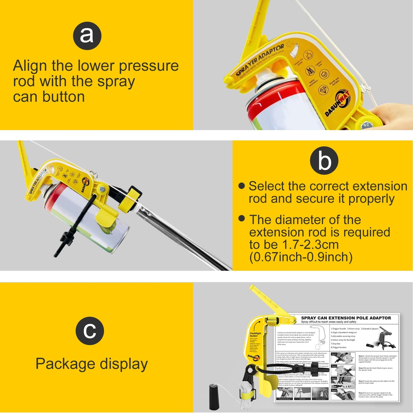 Dasunwat Spray Can Extension Pole Adaptor,Adjustment Sprayer Bracket Adaptor for Wasp/Hornet/Bee Spray Long Range,Spray Paint,Window Cleaner,Tree Pruning Sealer Spray,Spray Can Trigger Handle(Yellow)