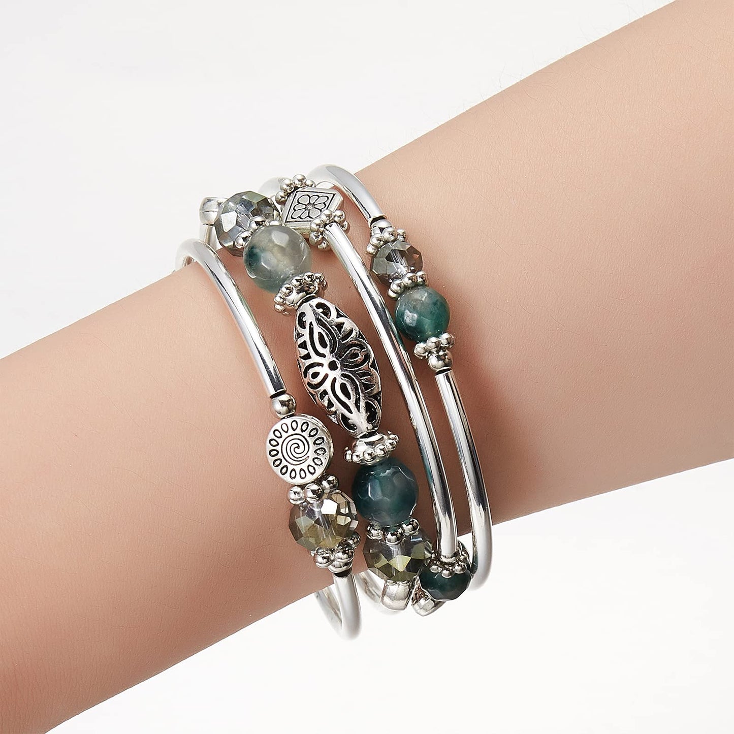 FULU AUTUMN Stackable Beaded Bracelet for Women Boho Wrap Silver Bracelet Layered Fashion Jewelry Gift (Green)