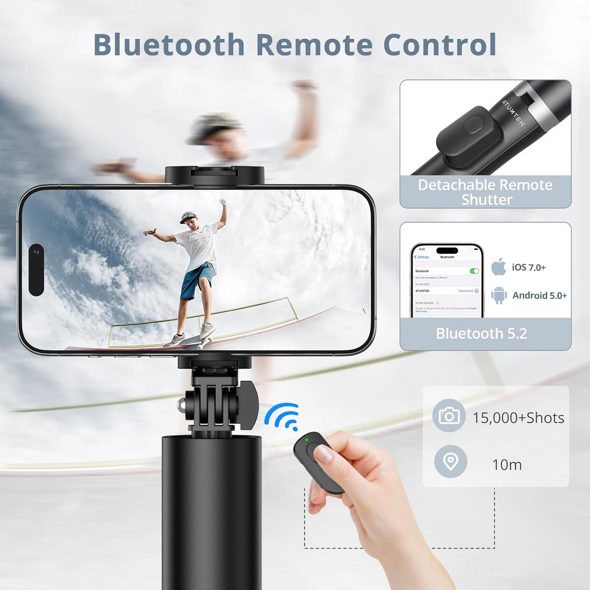 ATUMTEK 63"" Phone Tripod, Extendable Selfie Stick Tripod with Bluetooth Remote, All-in-One Aluminum Phone Tripod Stand with Cold Shoe Mount for 4”-7” iPhone and Android Smartphones Black, ATSS175