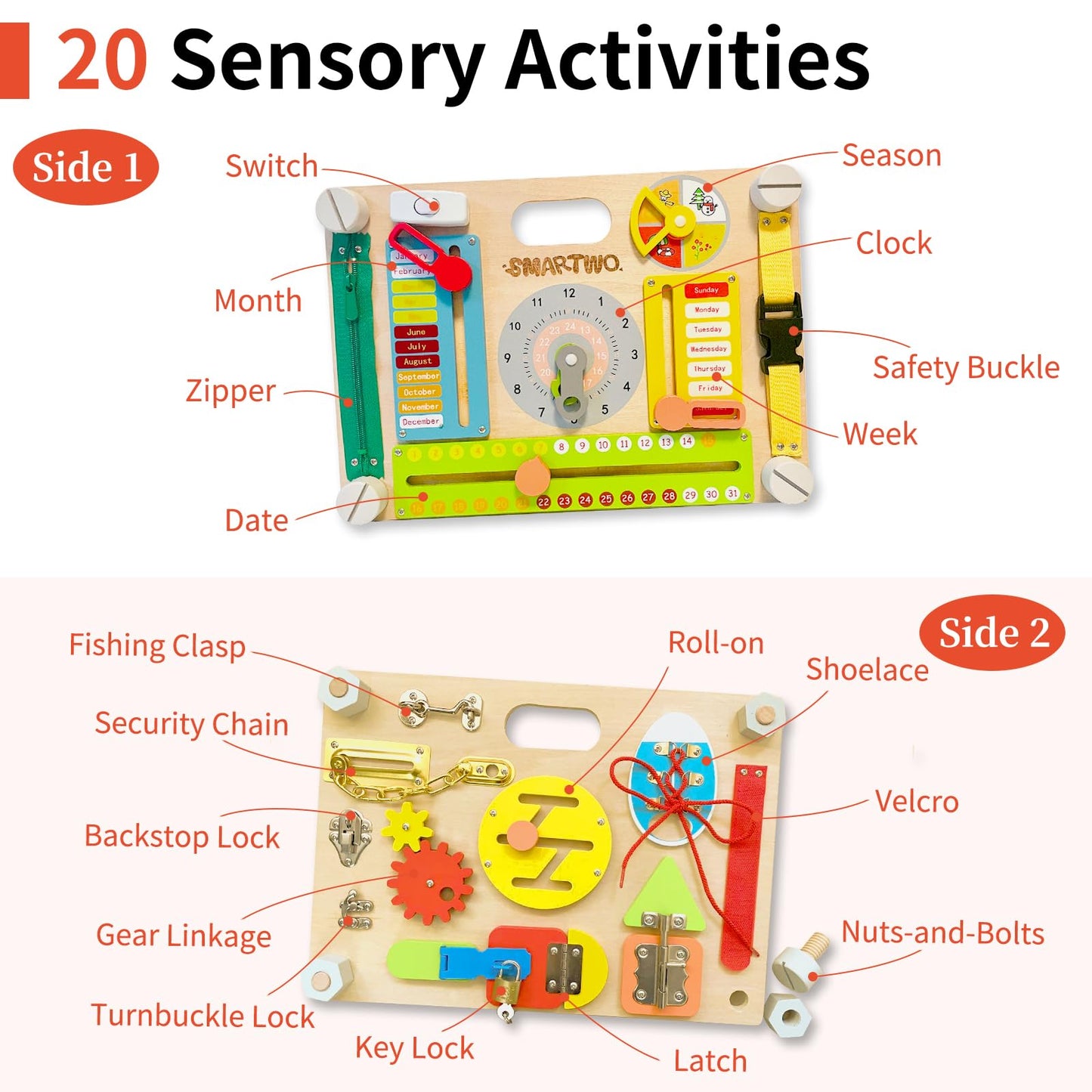 Smartwo Double-Sided Montessori Busy Board & Wooden Space Toys