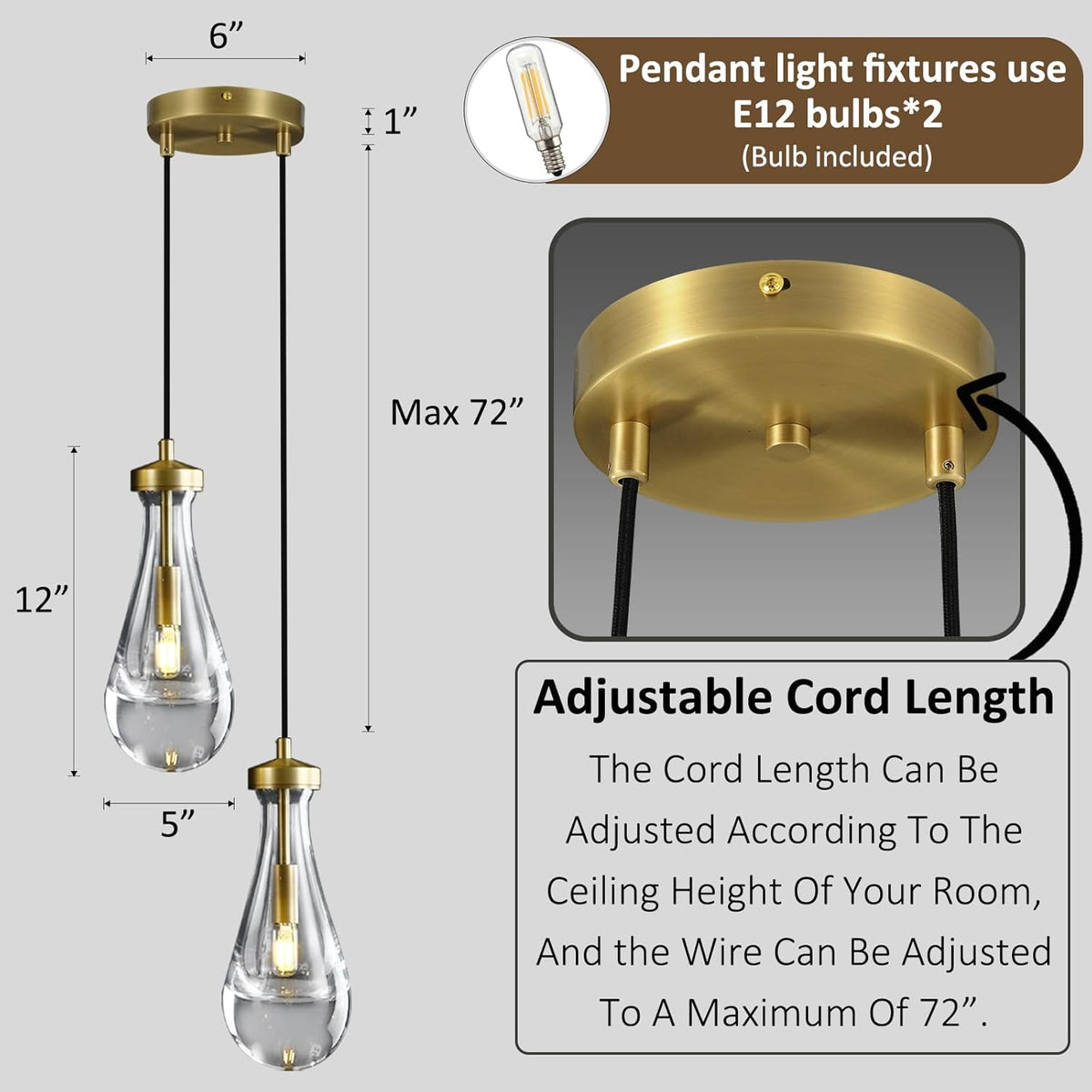 Brass Raindrop Pendant Lights Kitchen Island 2-Light, Cluster Gold Pendant Light Fixture for Bedroom, Dimmable Dining Room Light Fixture Hanging Pendant Lighting Ceiling Chandelier for Foyer
