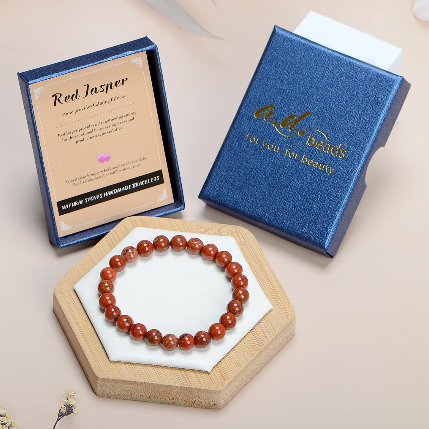 AD Beads Handmade Gemstone Stretch Elastic Bracelet Crystal Healing Reiki Nature's Beauty and Spiritual Essence Unisex (8mm, Red Jasper)