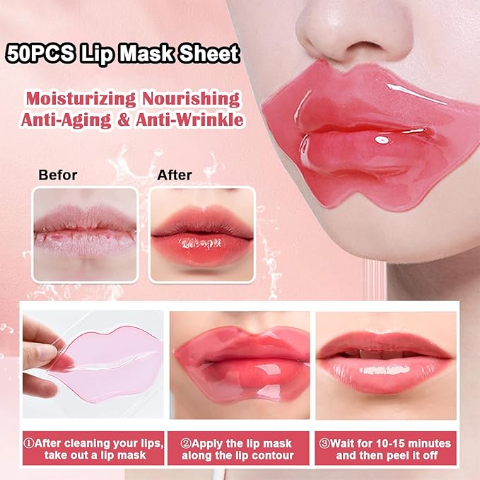 50 PCS Collagen Crystal Lip Masks,Moisturizing Collagen Lip Mask,Pink Lip Care Pads Mask for Dry Lips,Lip Patches for Hydrating Nourishing,Anti Chapped,Anti-Wrinkle,Plump Your Lips