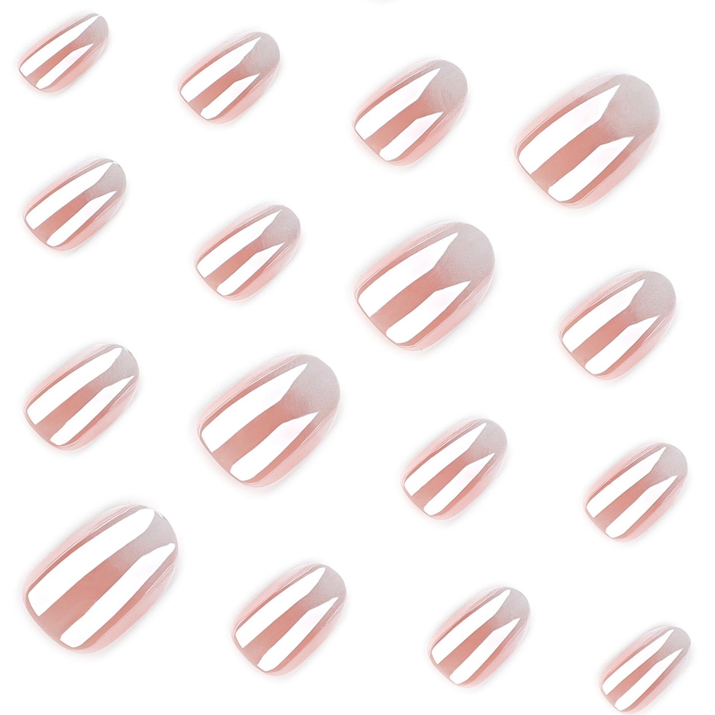 Chrome Press on Nails Short Oval Fake Nails Ombre False Nails Press ons with Glossy Mirror Metal Designs Shiny Nude Gradient Glue on Acrylic Nails for Women Nail Decoration 24Pcs