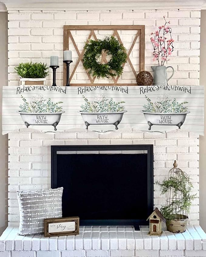 Bathtub Eucalyptus Leaves Fireplace Mantel Scarf Table Runner, Farmhouse Botanical Wooden Winter Garland Mantel Top Tablerunners Dresser Scarves Decorations for Windows Party Living Room 60''x17''