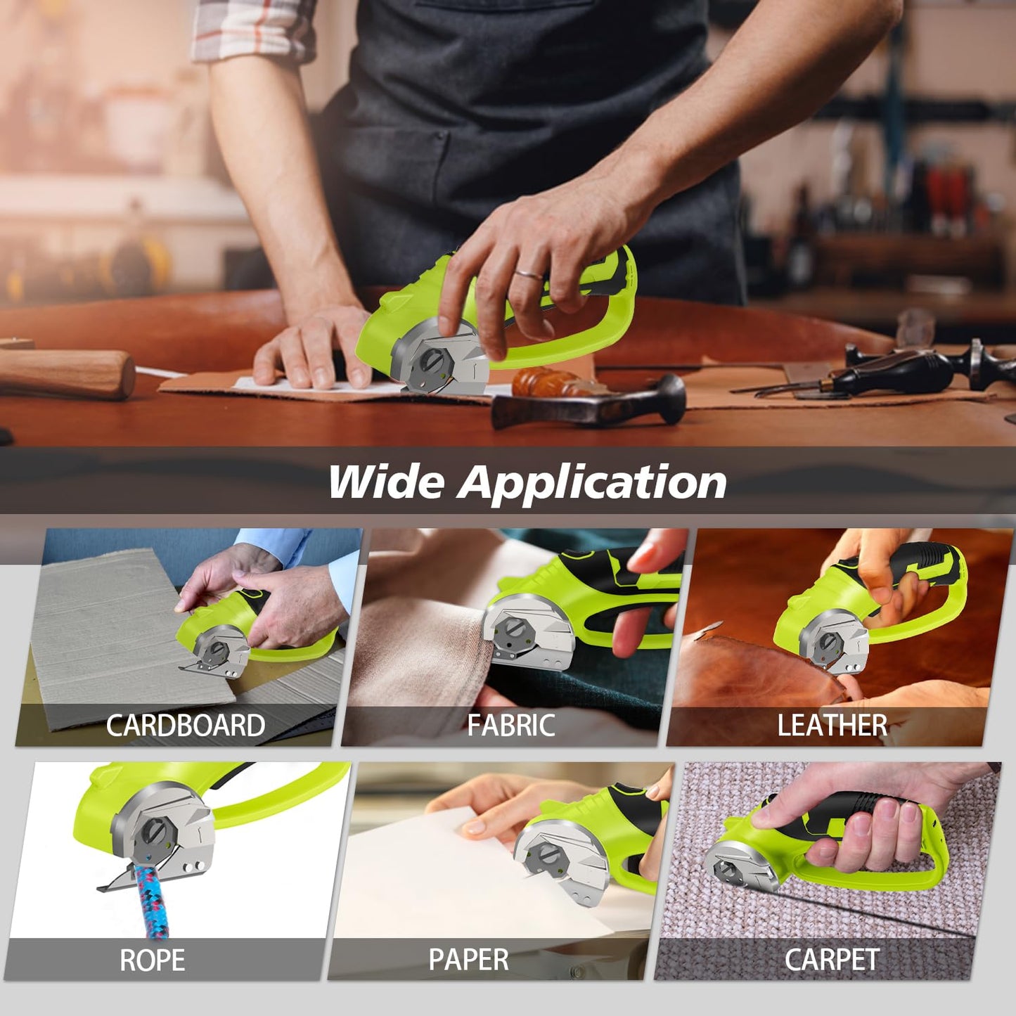 Cordless Electric Scissors, 4V Rechargeable Box Cutter & Cardboard Cutter with LED Light, Safety Lock - Rotary Cutter for Fabric, Leather, Carpet, Plastic, Crafting, Sewing with Storage Box (Green)