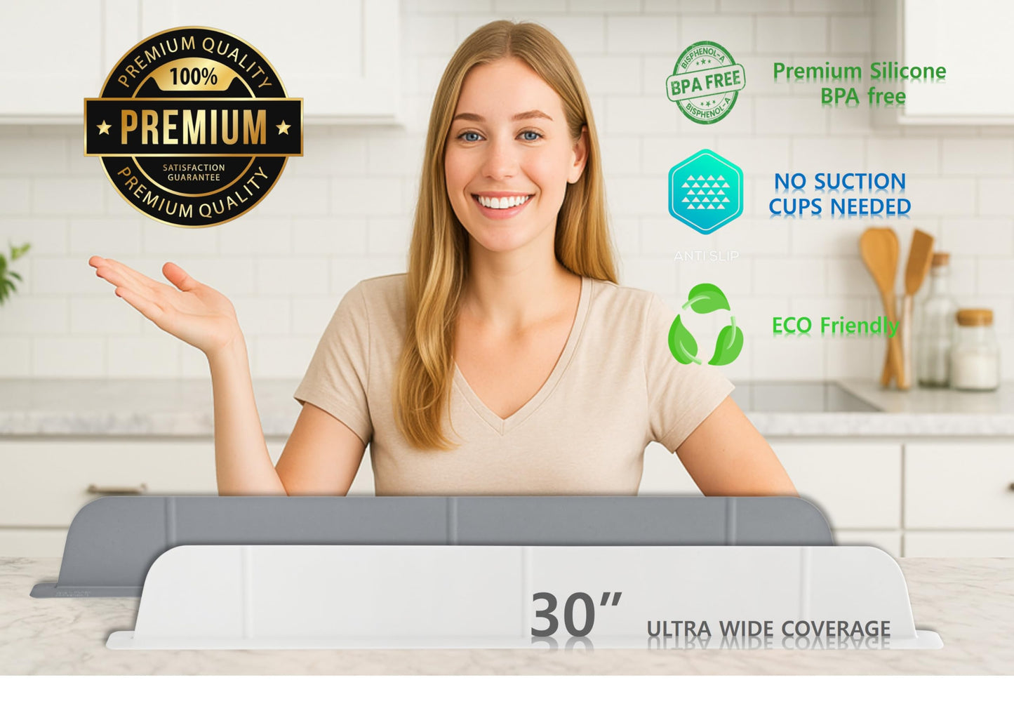 30 inch(75cm) Premium Kitchen Sink Silicone Water Splash Guard SIZE UPGRADE 30" and new package - NO Suction Cups, Ultra Wide 30" - Made in Korea (Ultra Wide Eco White)