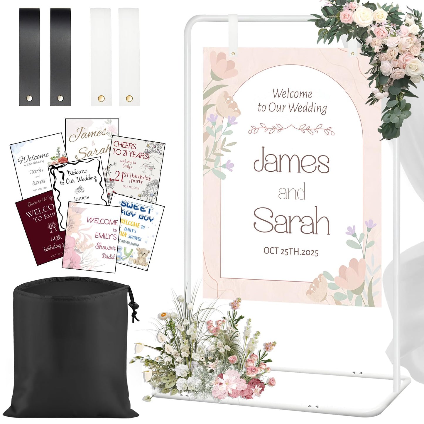 Jsngbse Adjustable Wedding Welcome Sign Stand with 2 Pair Hanging Straps, Welcome to Our Wedding Sign Holder Stand for Reception, Heavy Duty White Easel Stands for Sign Poster, Metal Floor Standing