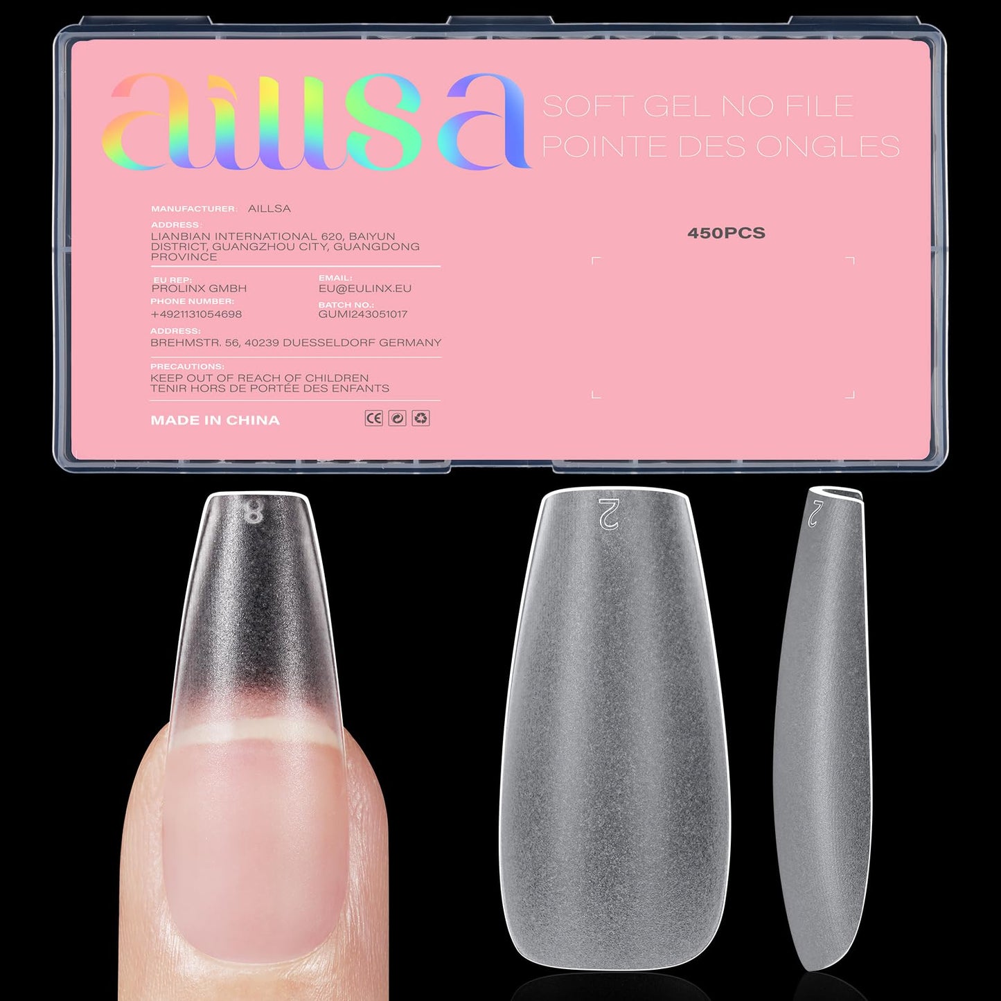 AILLSA Medium Coffin Nail Tips 450PCS Full cover Double-sided Matte Gel Stronger Adhesion Pre-Shaped Press on Nail Tips for Home DIY Nail Arts Salon 15 Sizes