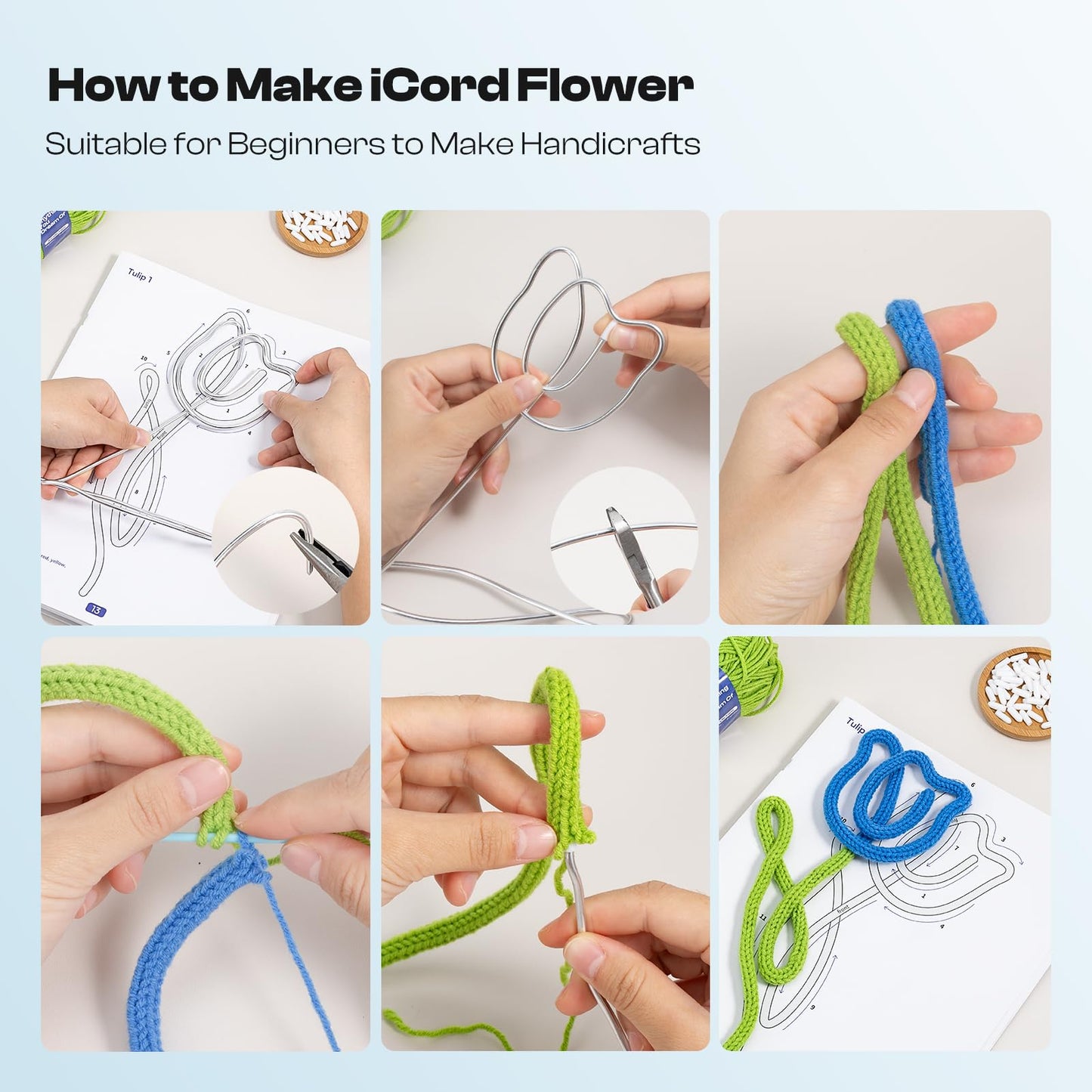 Caydo i Cord Flower Making Kit with 20 Flowers & 4 Leaves Templates, 10pcs Yarn and 82ft Craft Wire Kits for Beginner, DIY Florals Handicraft Making Kit, Learn to Knitting iCord with i Cord Maker Tool