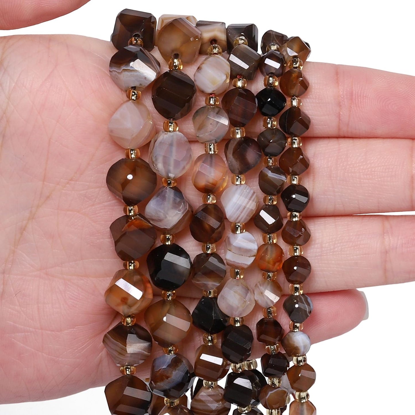 Yochus 42pcs Natural Brown Striped Agate Stone Beads for Bracelet，2strands 6mm Facted Twist Loose Gemstone Beads for Jewelry Making DIY Craft Necklace Earring