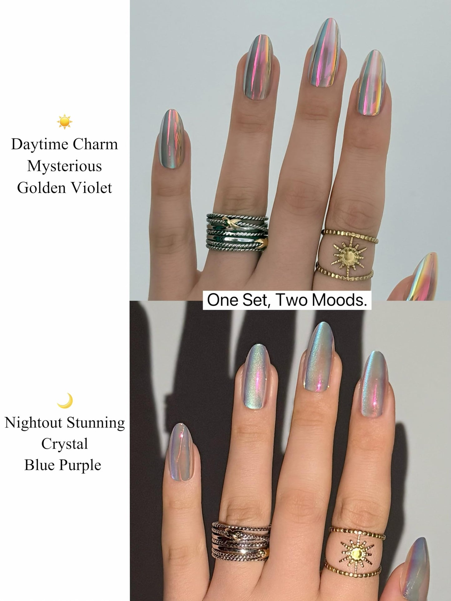 Aurora Chrome Press On Nails Medium Almond, Mirror Metallic Y2K Glow, 30pcs Reusable False Nail Kit by Nailinism