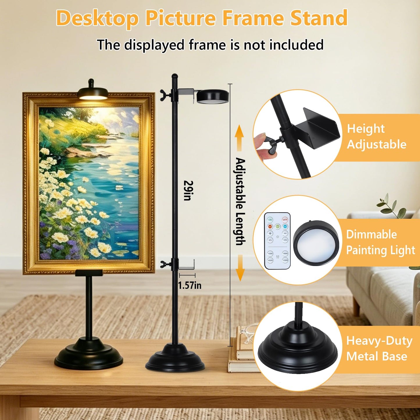 Adjustable Tabletop Easel Stand with Magnetic Wall Painting Light,Black Picture Frame Holder Stand Holds Picture Frames up to 29 Inch,Picture Easels for Display with Dimmable Frame Light (1 Pack)