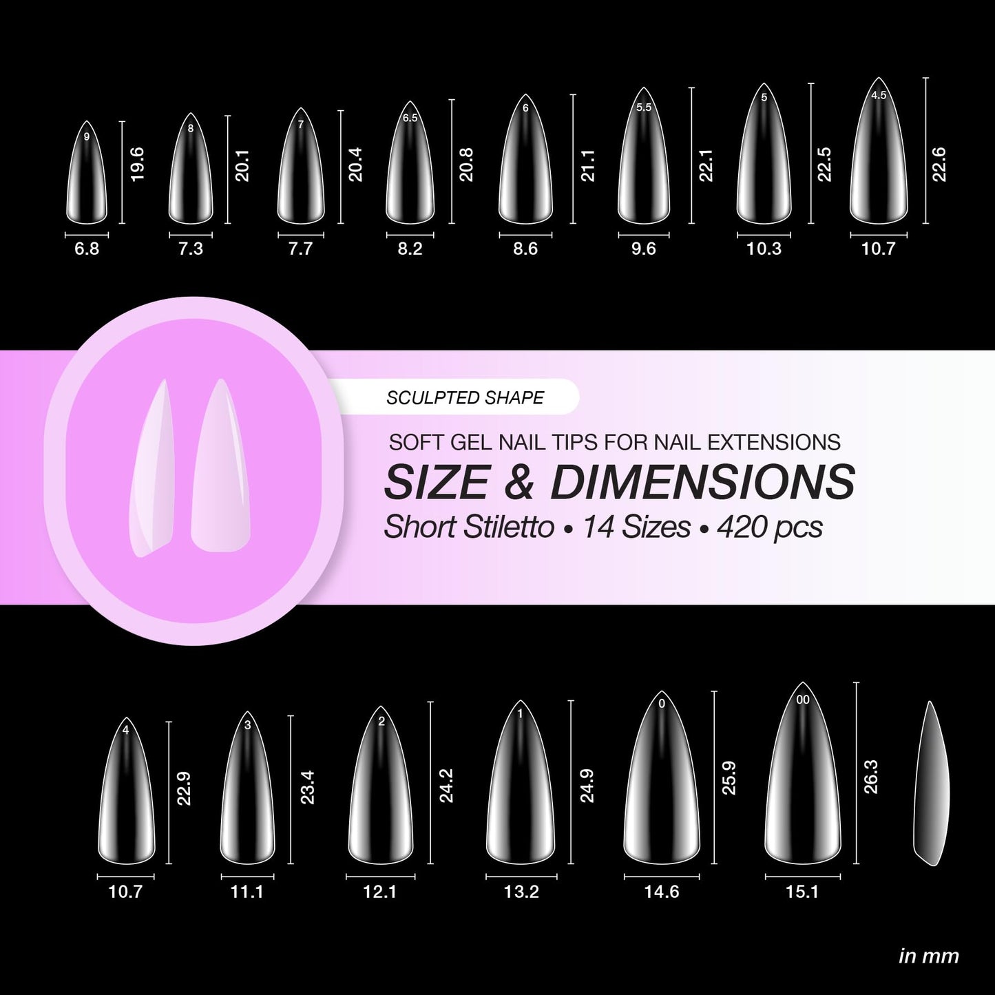 Curacoro Sculpted Short Stiletto Gel Nail Tips 420Pcs, Clear Full Cover Soft Acrylic Tips 14 Sizes, Easy to Use, Long-Lasting, Glossy Finish